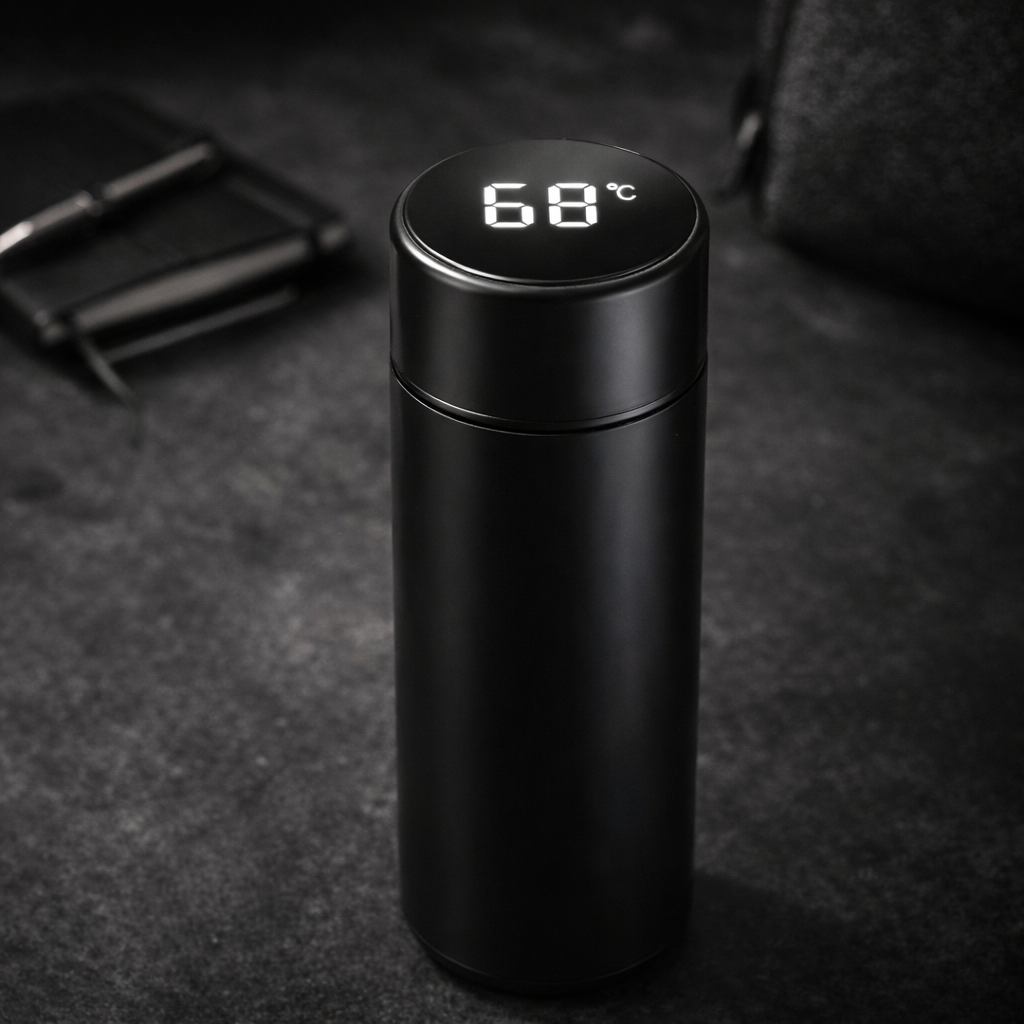 Termo negro con pantalla de temperatura sobre una mesa oscura junto a un bolígrafo