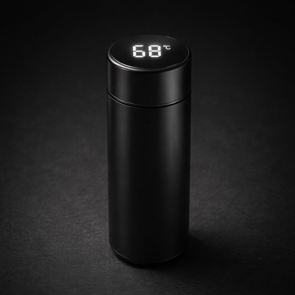 Termo negro de 500 ml con pantalla LED en la tapa marcando 68 grados