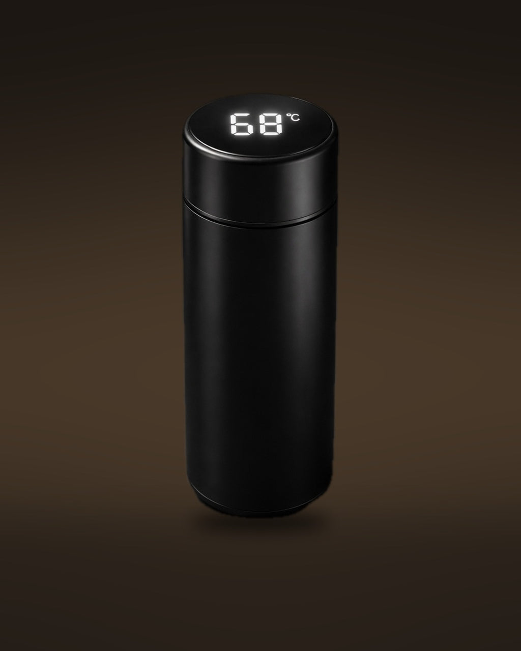 Termo negro de 500 ml con pantalla LED marcando 68 grados sobre fondo marrón oscuro